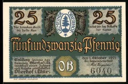 Notgeld Oberhof i. Thür. 1921, 25 Pfennig, Bobsleigh-Szene und Uhr im Wintersportplatz