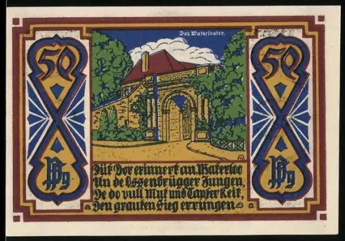 Notgeld Osnabrück 1921, 50 Pfennig, Waterloo-Tor und Stadtwappen mit Löwen