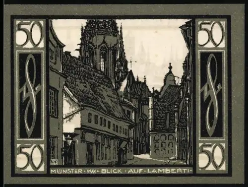Notgeld Münster i. W. 1921, 50 Pfennig, Blick auf Lamberti und Ortsansicht mit Wappen
