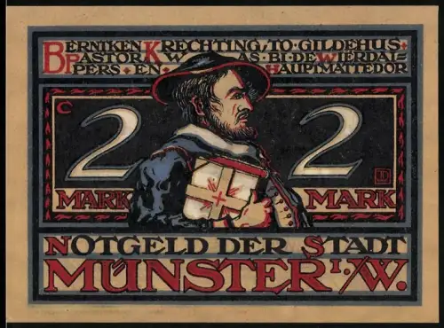 Notgeld Münster i. W., 2 Mark, Mann mit Buch und Schiessszene von 1534