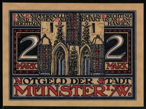 Notgeld Münster i. W. 1921, 2 Mark, historische Darstellungen und gotische Architektur