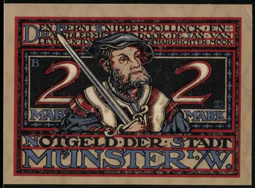 Notgeld Münster i. W. 1921, 2 Mark, Bernd Knipperdollinck und kämpfende Figuren