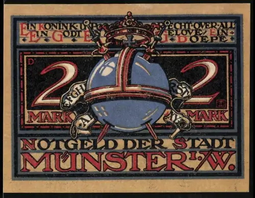 Notgeld Münster i.W. 1921, 2 Mark, Krone und Königsmotiv