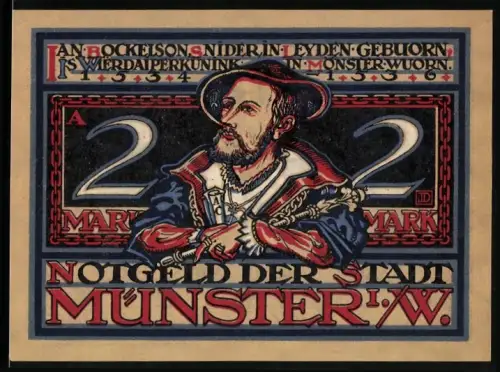 Notgeld Münster i. W. 1921, 2 Mark, Jan Bockelson und religiöse Diskussion