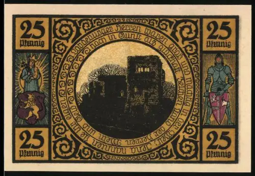 Notgeld Lobeda 1921, 25 Pfennig, Burgruine und Kirche im Sonnenlicht