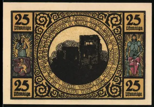 Notgeld Lobeda 1921, 25 Pfennig, Burgruine und Burgansicht mit Bäumen und Rittern
