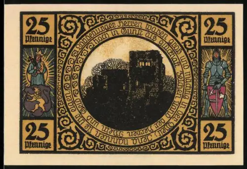 Notgeld Lobeda 1921, 25 Pfennig, Burgruine und Ritter mit Wappen