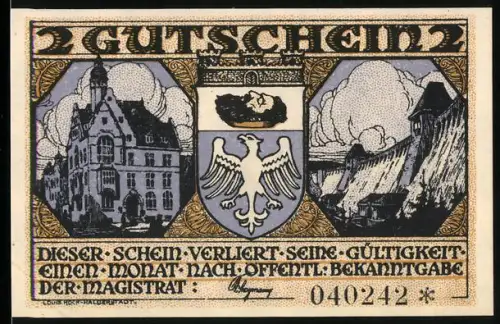 Notgeld Neheim a.d. Ruhr, 2 Mark, Wappen mit Adler und Szenen von Stadt und Gemeinschaft