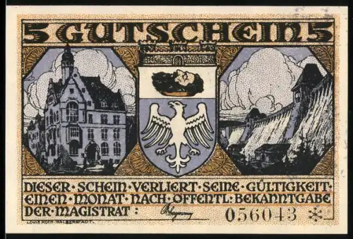 Notgeld Neheim a. d. Ruhr, 5 Mark, Festmahl und Stadtwappen mit Gebäuden