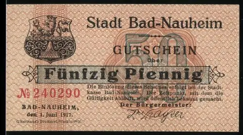 Notgeld Bad-Nauheim 1917, 50 Pfennig, Stadtwappen und Teichhaus an einem See
