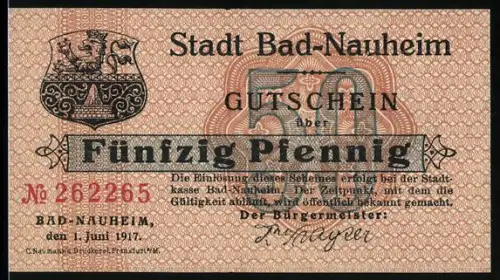 Notgeld Bad-Nauheim 1917, 50 Pfennig, Trinkkuranlagen und Wappen