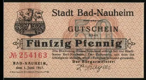 Notgeld Bad-Nauheim 1917, 50 Pfennig, Wappen und Sprudelhof-Motiv