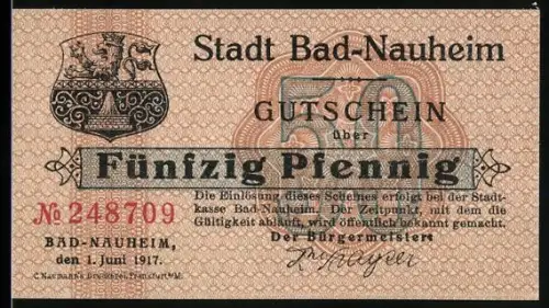 Notgeld Bad-Nauheim 1917, 50 Pfennig, Stadtwappen und Kurhaus