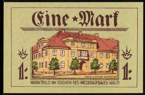 Notgeld Neidenburg /Ostpreussen 1921, 1 Mark, Konsumverein-Gebäude, Löwenmotive