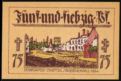 Notgeld Neidenburg /Ostpreussen 1921, 75 Pf, zerstörter Stadtteil, Russeneinfall 1914, Drachenmotive