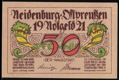 Notgeld Neidenburg /Ostpreussen 1921, 50 Pfennig, zerstörte Kirche durch Russeneinfall 1914