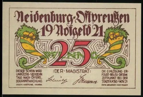 Notgeld Neidenburg i. Pr., 1921, 25 Pfennig, Drachen und Burgmotiv aus dem 14. Jahrhundert