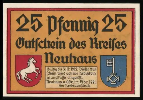 Notgeld Neuhaus a.d. Oste 1921, 25 Pfennig, Wappen und Fachwerkhaus mit Sprüchen