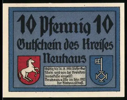 Notgeld Neuhaus 1921, 10 Pfennig, Pferd und Frau mit Eimern