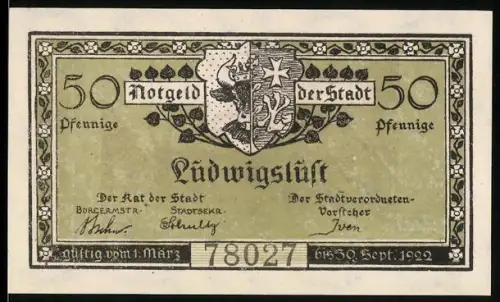 Notgeld Ludwigslust 1922, 50 Pfennig, Wappen und Rathausansicht