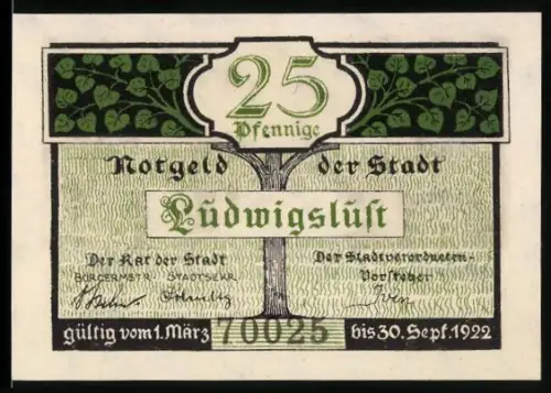 Notgeld Ludwigslust 1922, 25 Pfennig, Baum mit Blättern und Ortsansicht mit Lindenallee
