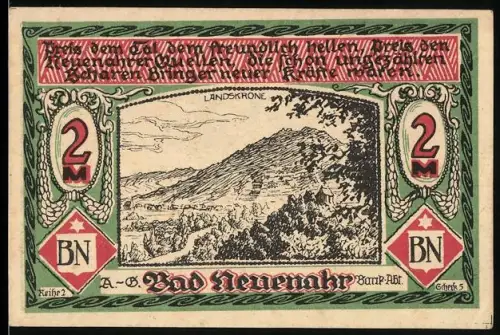 Notgeld Bad Neuenahr 1922, 2 Mark, Landschaftsmotiv und Wappen der Grafschaft Neuenahr