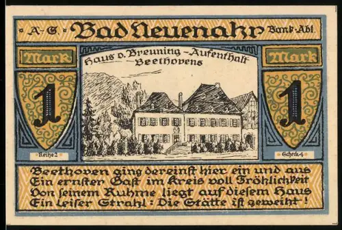 Notgeld Bad Neuenahr 1921, 1 Mark, Beethovens Aufenthaltshaus und Wappen der Grafschaft Neuenahr