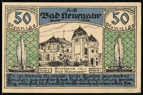 Notgeld Bad Neuenahr 1922, 50 Pfennig, Kurhaus und Wappen der Grafschaft Neuenahr