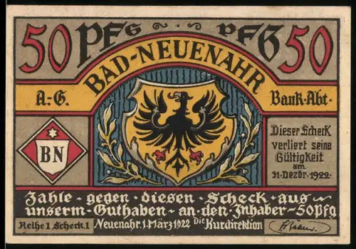 Notgeld Bad-Neuenahr 1922, 50 Pfennig, Wappen und Vulkanus mit Schmieden vor Eifel-Landschaft