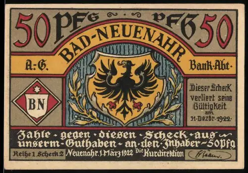 Notgeld Bad-Neuenahr 1922, 50 Pfennig, Wappen mit Adler und liegende Figur vor Landschaft
