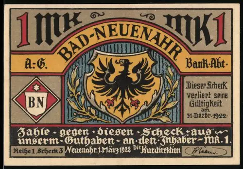 Notgeld Bad-Neuenahr 1922, 1 Mark, Wappen mit Adler und Frau an Quelle in Landschaft