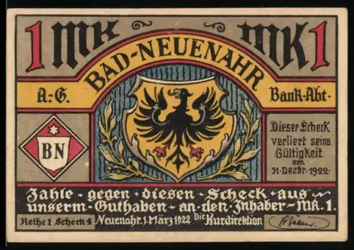 Notgeld Bad-Neuenahr 1922, 1 Mark, Wappen und Szene am Zauberquell