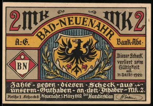 Notgeld Bad-Neuenahr 1922, 2 Mark, Wappenadler und Ritter mit Landschaft