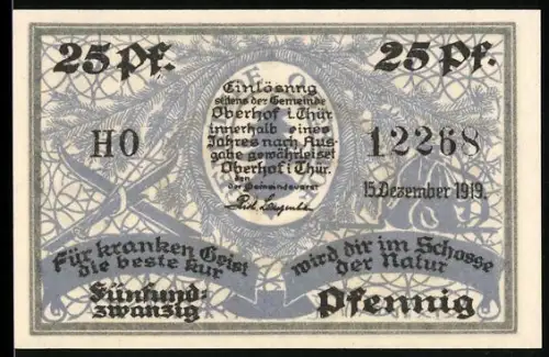 Notgeld Oberhof i. Thür. 1919, 25 Pfennig, Winterlandschaft mit Skifahrer