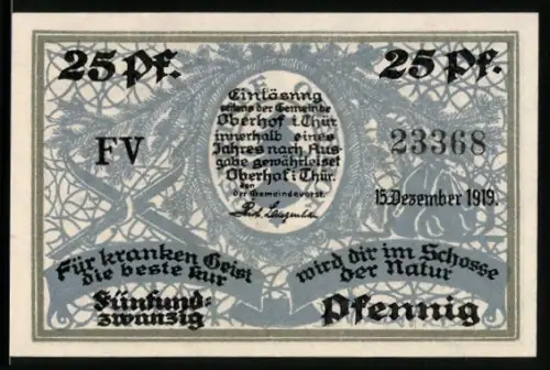 Notgeld Oberhof i. Thür. 1919, 25 Pfennig, Winterlandschaft mit Skifahrer und Bergen
