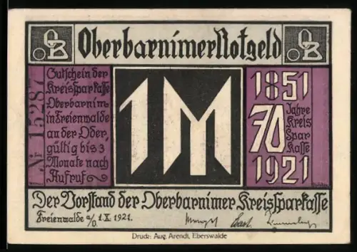 Notgeld Freienwalde a. Oder 1921, 1 Mark, Jubiläum 70 Jahre Kreissparkasse, ländliche Szene mit Kirche und Bäumen