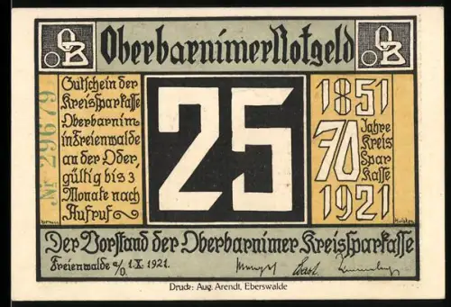 Notgeld Freienwalde a. Oder 1921, 25 Pfennig, 70 Jahre Kreissparkasse, Gebäudeabbildung mit Getreideornamenten