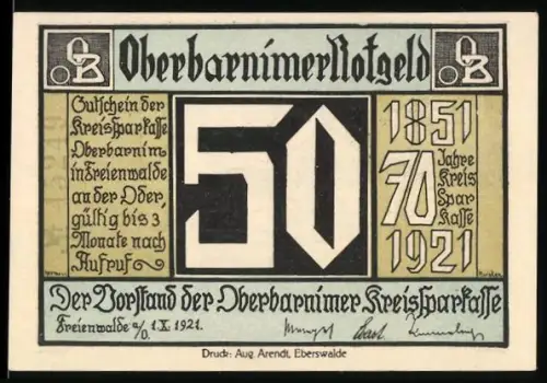 Notgeld Freienwalde a. Oder 1921, 50 Pfennig, Jubiläum der Kreissparkasse mit Gebäude und Weizenmotiv