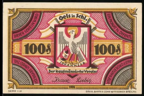 Notgeld Oels i. Schl., 1 Mark, Kaufmännische Verein und Schlosskirche