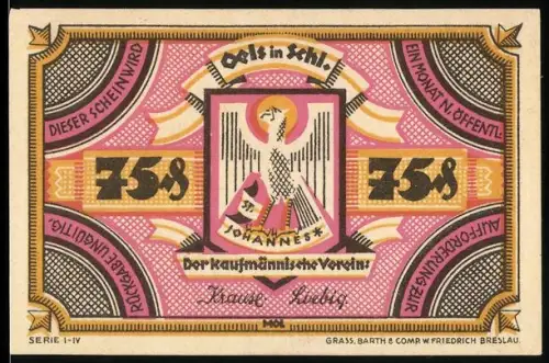 Notgeld Oels i. Schles., 75 Pf., Rathaus und Wappen des Kaufmännischen Vereins