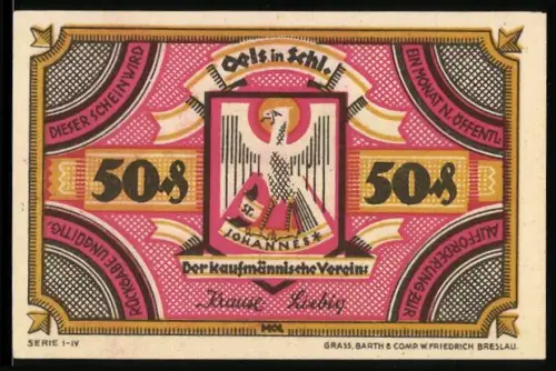 Notgeld Oels i. Schl. 1921, 50 Pfennig, Kaufmännischer Verein und Storchnest-Motiv