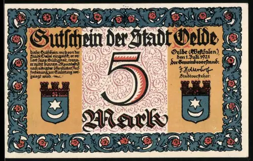 Notgeld Oelde 1921, 5 Mark, Stadtszene mit Nachtwächter und Bürgern, beidseitig Stadtwappen