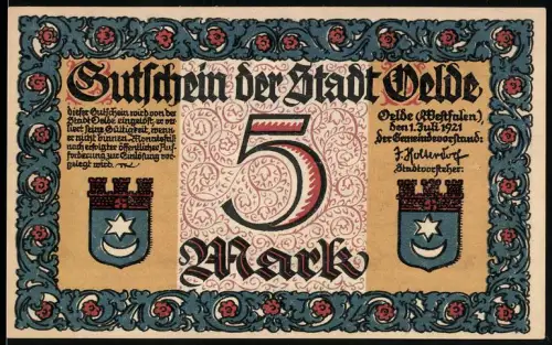Notgeld Oelde 1921, 5 Mark, Stadtwappen und nächtliche Strassenszene mit Mond und Figuren