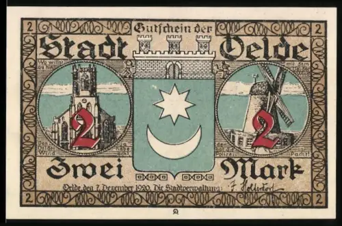 Notgeld Oelde 1920, 2 Mark, Kirche, Windmühle und Tanz um den Maibaum