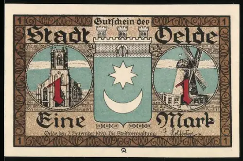 Notgeld Oelde 1920, 1 Mark, Kirche, Mühle und Festumzug mit Tanz um Pyramide