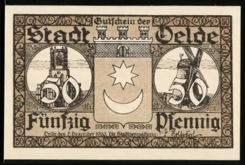 Notgeld Oelde 1921, 50 Pfennig, Turm, Windmühle und tanzende Figuren im Reigen