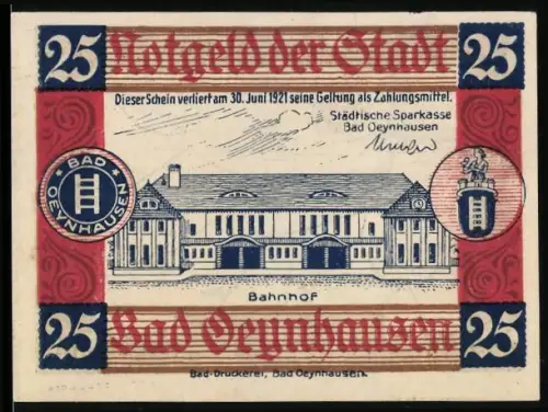 Notgeld Bad Oeynhausen 1921, 25 Pf., Bahnhof und Landkarte mit Spruch, Wappen von Bad Oeynhausen