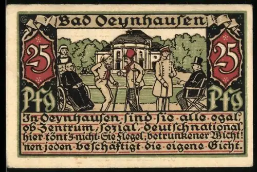 Notgeld Bad Oeynhausen i.W., 25 Pfennig, Kurgäste im Rollstuhl, Kurhaus und Landschaft