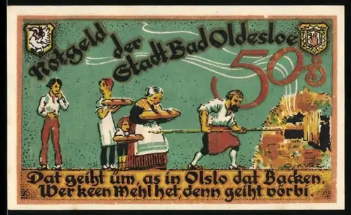 Notgeld Bad Oldesloe, 50 Pfennig, Bäcker beim Brotbacken und Landschaft mit Gebäude
