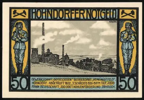 Notgeld Hohndorf 1921, 50 Pf, Bergmann und Industrieanlage, Glückauf-Motiv